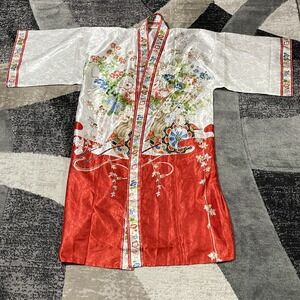 VTG Japanese Kimono Robe Women XL Yukata White Floral Print Shogun Geisha Japan